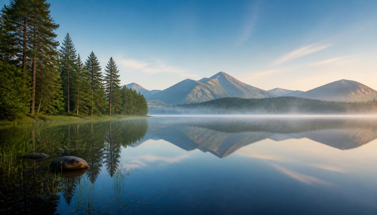 Still mountain lake at dawn reflecting pines and blue sky