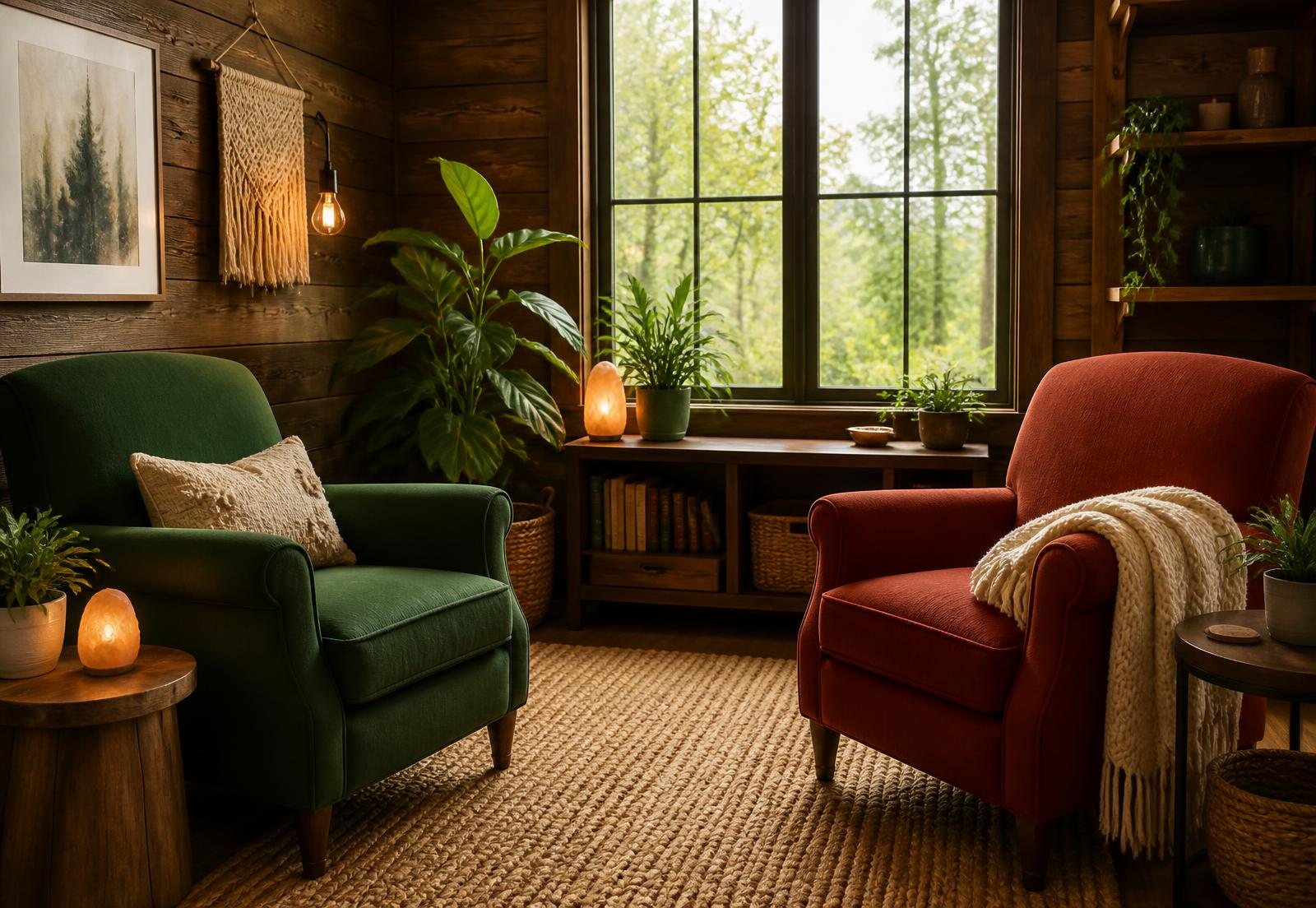 Rustic counselling room with a green and a red armchair facing each other beside a window